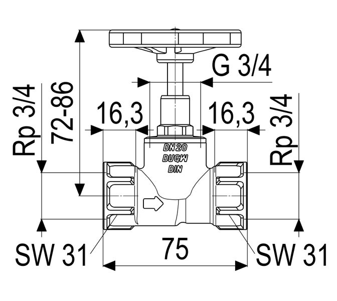 Explosionszeichnung eines Ventilsatzes mit Handrad, Ventiloberteil und Dichtung.