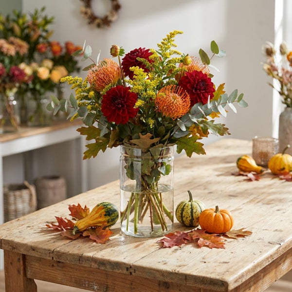 Herbstlicher Blumenstrauß mit Dahlien, Proteen und Eukalyptus in einer Glasvase auf einem rustikalen Holztisch mit Dekokürbissen.
