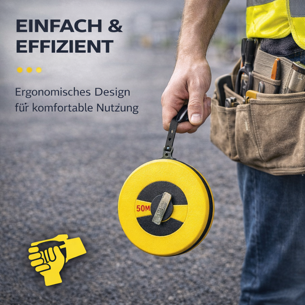 Handwerker hält ein rundes 50 Meter Maßband am Tragegriff, ergonomisches Design für eine komfortable Nutzung.