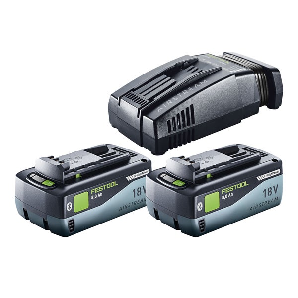 Festool Energieset mit zwei 18 Volt 8,0 Amperestunden Li-HighPower Airstream Bluetooth Akkus und einem SCA 16 Schnellladegerät.