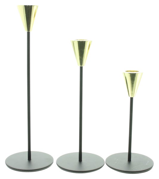 FRANK FLECHTWAREN | Stabkerzenhalter Schwarz & Gold, 3er Set, METALL, 8 x 8 x 16 cm, 8 x 8 x 20 cm, 8 x 8 x 25 cm