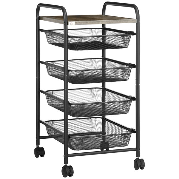HOMCOM Rollwagen, Küchenwagen mit 4 Körben, Aufbewahrungsregal mit Rollen, Haushaltregal, Servierwagen für Schlafzimmer, Wohnzimmer, Stahl, Schwarz, 41,5 x 31 x 66 cm