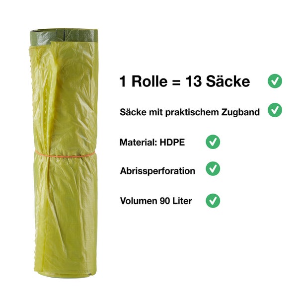 20 Rollen Gelber Sack, Gelbe Säcke 90 Liter HDPE Gelb 13 Stück pro Rolle, insgesamt 260 Stück - ca. 60x87 cm plus 5 cm Umschlag 15my - Ideal für Mülltonnen, Mülleimer und Körbe