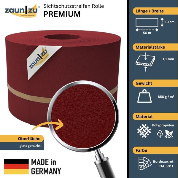 Zaun zu Premium Sichtschutzstreifen Rolle, 50 Meter lang, 19 Zentimeter breit, Materialstärke 1,1 Millimeter, Gewicht 850 Gramm pro Quadratmeter, aus Polypropylen, Farbe Bordeauxrot, Made in Germany