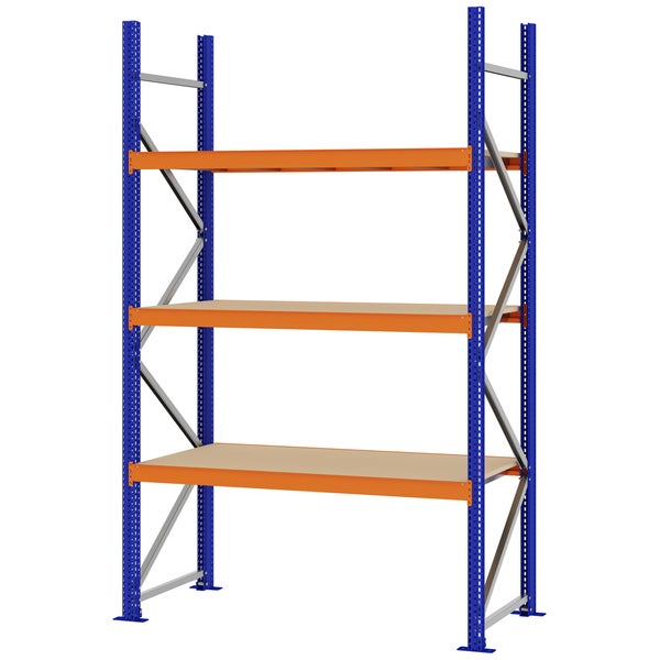 Schwerlastregal aus Metall mit blauem Rahmen, orangefarbenen Traversen und drei Holzböden.