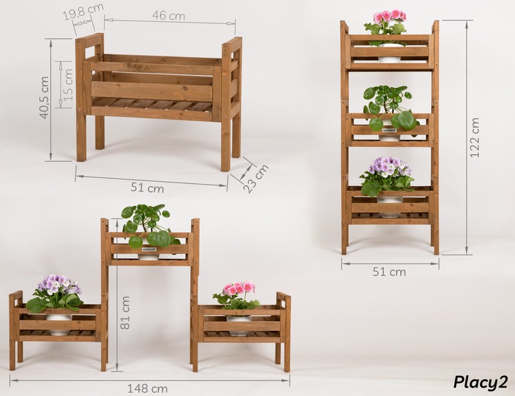 needs&wants® 3-fach multifunktional: Pflanzenständer Blumenständer aus Holz wetterfest für Indoor Outdoor Balkon Garten draußen innen Wand, Pflanzenregal Blumentreppe, z.B. 51 x 23 x 122 cm hoch, braun