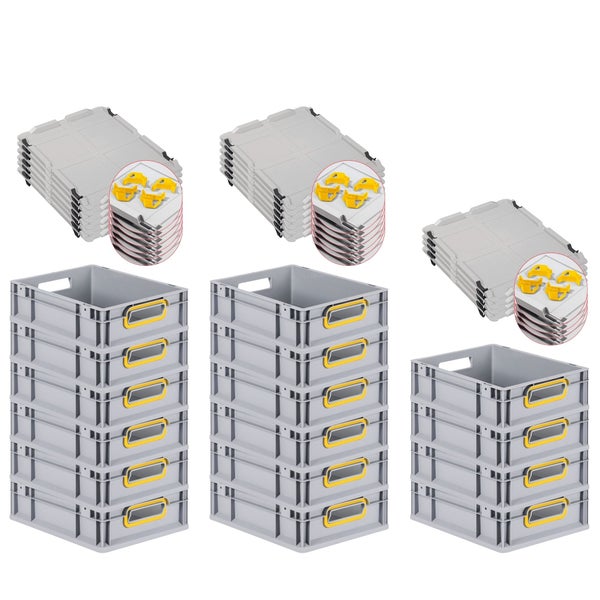 PROREGAL Spar Set 16x Eurobox Nextgen Color Mit Auflagedeckel & Schiebeschnappverschlüsse HxBxT 12 x 30 x 40 cm Griffe Gelb Offen Glatter Boden