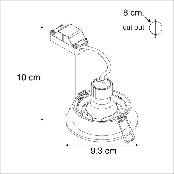 Technische Zeichnung einer Einbauleuchte mit Maßen: Höhe 10 Zentimeter, Durchmesser 9,3 Zentimeter und Ausschnitt 8 Zentimeter.