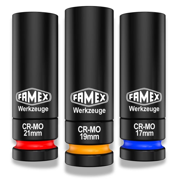 Drei FAMEX Werkzeug Steckschlüssel aus Chrom-Molybdän-Stahl in den Größen 21 mm, 19 mm und 17 mm