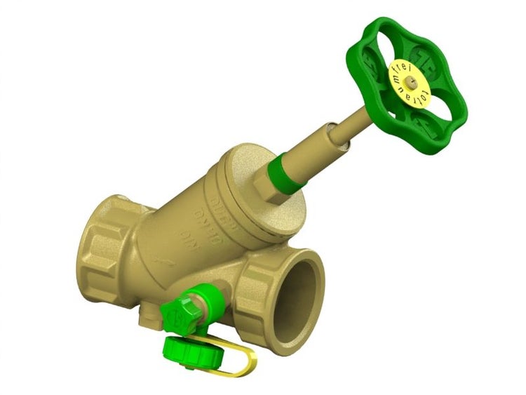 Schrägsitzventil aus Messing mit Entleerung und grünem Handrad.