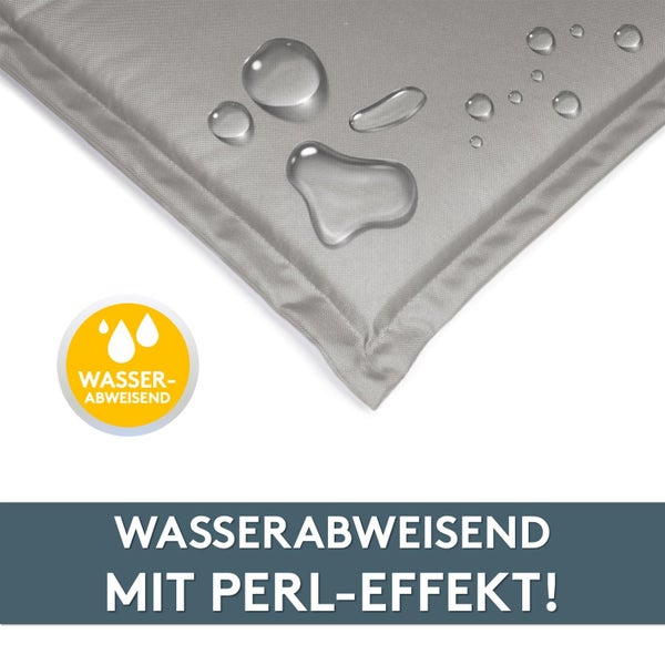 Wasserabweisendes Gewebe mit abperlenden Wassertropfen und Hinweis auf den Perl-Effekt.