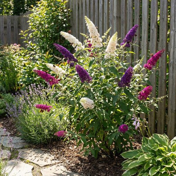 Sommerflieder Buddleja davidii mit weißen, violetten und magentafarbenen Blütenrispen im Garten an einem Holzzaun.