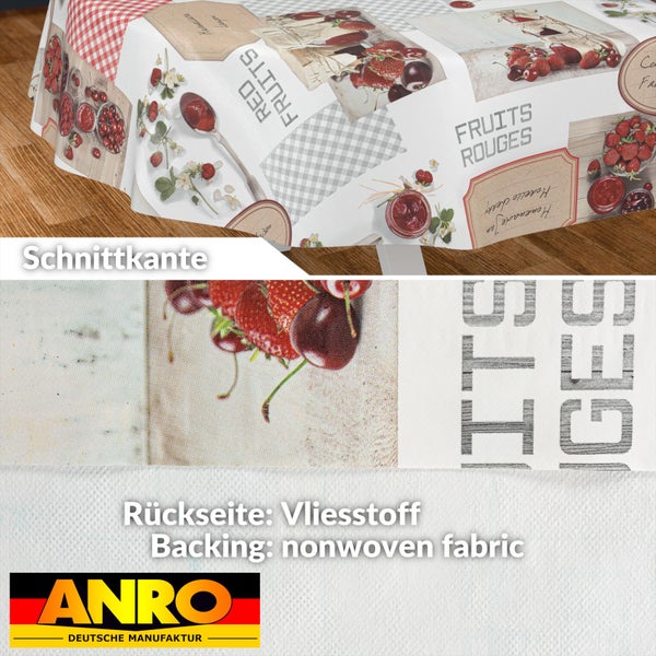 Abwaschbare Tischdecke mit Früchtemotiv und Karomuster, Schnittkante und Rückseite aus Vliesstoff. ANRO Deutsche Manufaktur Logo.