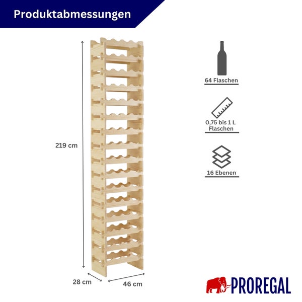 Weinregal aus Holz von Proregal mit Abmessungen 219 Zentimeter Höhe, 46 Zentimeter Breite, 28 Zentimeter Tiefe für bis zu 64 Flaschen.