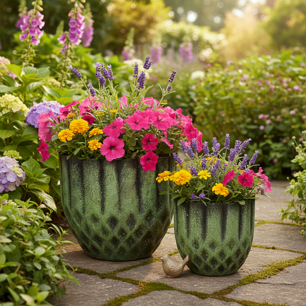 Zwei grüne strukturierte Pflanztöpfe im Garten, bepflanzt mit bunten Blumen wie Petunien und Lavendel auf einem Steinweg.