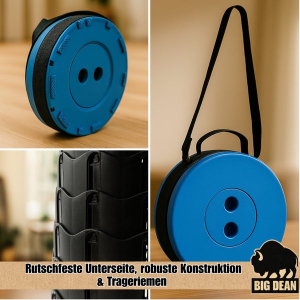 Zusammenklappbarer Hocker mit rutschfester Unterseite, robuster Konstruktion und Trageriemen