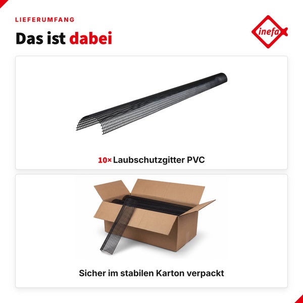 Zehn teiliges Laubschutzgitter Set aus Polyvinylchlorid für Dachrinnen in einem Karton inklusive Inefa Logo