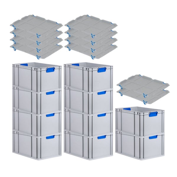 PROREGAL Spar Set 10x Eurobox Nextgen Color Mit Auflagedeckel & Schiebeschnappverschlüsse HxBxT 32 x 40 x 60 cm Griffe Blau Verstärkter Boden