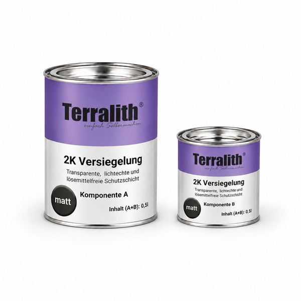 Terralith 2K Versiegelung matt, transparente Schutzschicht für verschiedene Oberflächen, Set mit Komponente A und B, Inhalt 0,5 Liter.