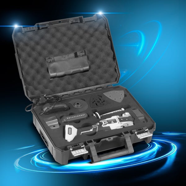 STAHLWERK Akku-Multitool-Set im Transportkoffer mit Zubehör wie Schleifplatten, Sägeblättern und Ladegerät.