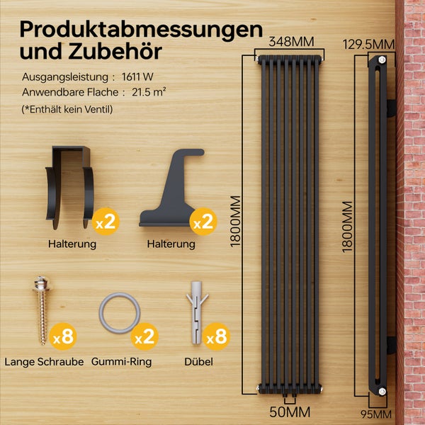 EMKE Badheizkörper 348 x 1800 mm 1611 W, Designheizkörper, Warmwasserbetrieb, Anschluss unten, Vertikaler Flachheizkörper, Handtuchheizkörper, D-Rohr-Design, Zentralheizung, für Bad & WC, Anthrazit