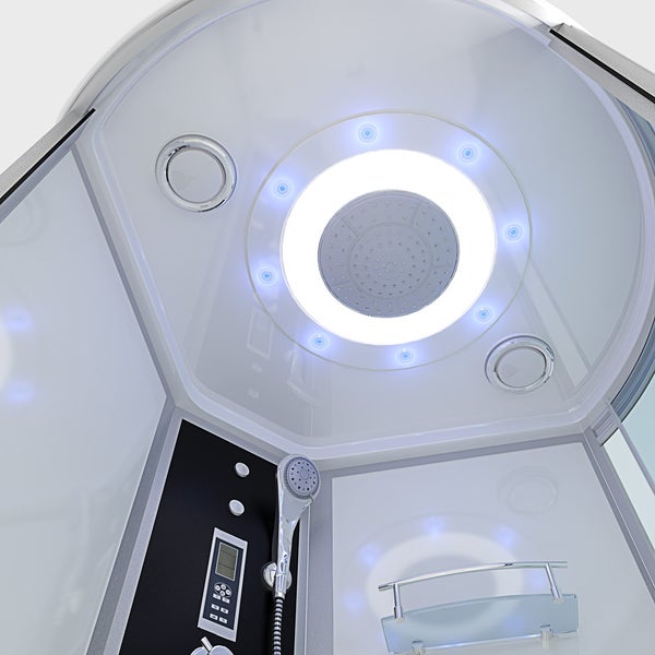 Dampfduschkabine mit Badewanne, Regendusche, Handbrause, Massagedüsen und digitalem Bedienpaneel.