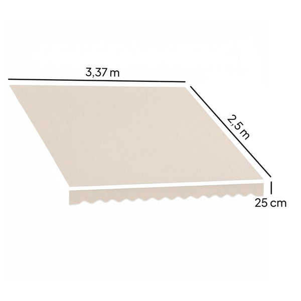 Markisenstoff in Beige mit Maßen: Breite 3,37 Meter, Ausfall 2,5 Meter, Volanthöhe 25 Zentimeter. Der Stoff hat einen gewellten Abschluss.