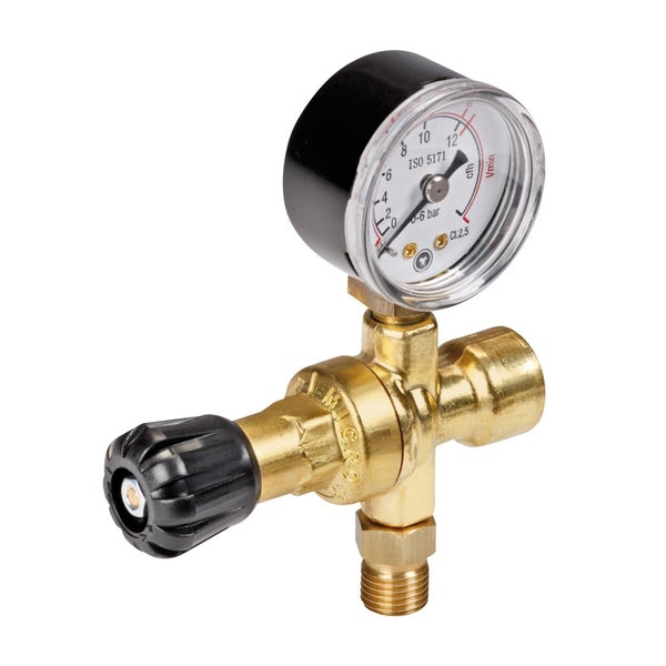 Druckminderer aus Messing mit Manometer für Gase, schwarzer Drehknauf, Anzeige bis 6 bar.