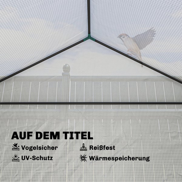 Feinmaschiges Schutznetz mit Symbolen für Vogelschutz, Reißfestigkeit, UV-Schutz und Wärmespeicherung.