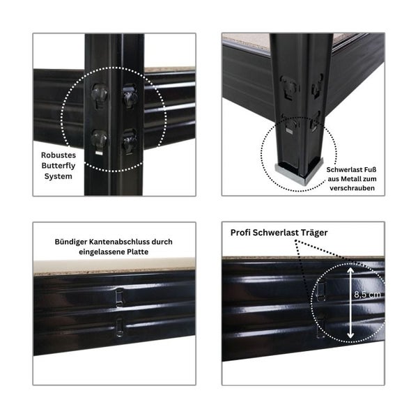 PROREGAL Profi Schwerlastregal Rhino, HxBxT 180x240x60cm, 4 Spanplatten-Ebenen 8mm, Fachlast 450kg, Schwarz