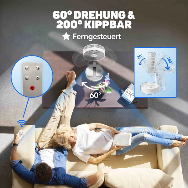 Ein ferngesteuerter Tischventilator mit 60 Grad Drehfunktion und 200 Grad Neigungswinkel in einem Wohnzimmer mit Personen auf einem Sofa.