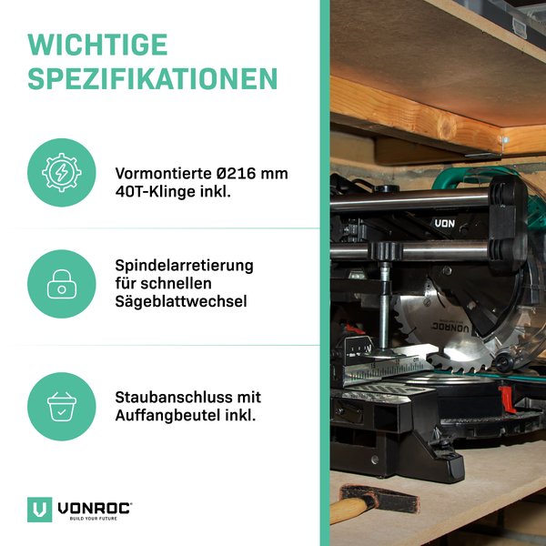 VONROC Logo. Paneelsäge: Sägeblatt mit 216 Millimeter Durchmesser, Spindelarretierung und Staubanschluss inklusive Auffangbeutel.