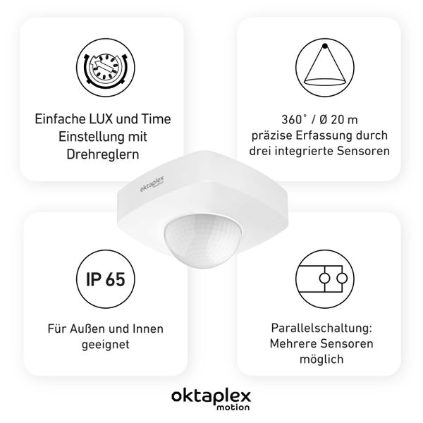 Oktaplex 360° Bewegungsmelder weiß IP65 für Außen und Innen Präsenzmelder 230V