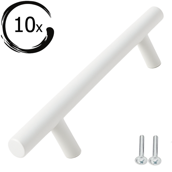 Zehn weiße Möbelgriffe mit Schrauben