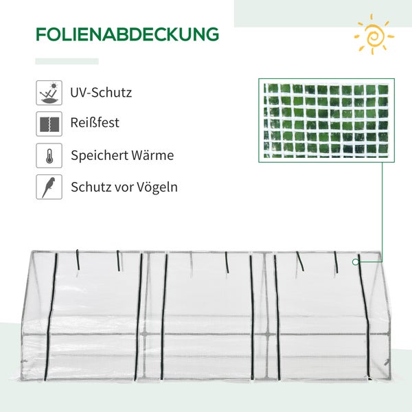 Outsunny Mini Gewächshaus, Wetterbeständige Foliengewächshaus mit 3 Rollfenster, 270 x 90 x 90 cm, PE Folie, Stahl, Weiß