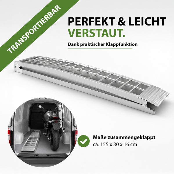 Klappbare Auffahrrampe aus Aluminium für den einfachen Transport von Motorrädern mit Maßangaben im zusammengeklappten Zustand.