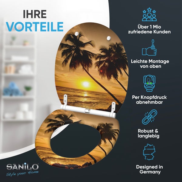 WC Sitz mit Palmen Sonnenuntergang Motiv und Sanilo Logo inklusive Vorteile wie leichte Montage, Abnehmbarkeit und Langlebigkeit