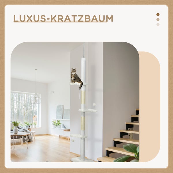 PawHut Kratzbaum Deckenhoch, 225-255 cm Katzenbaum, Katzenkratzbaum, Kletterbaum mit Jute-Seilpfosten, Katzenleiter, Spielball, Hängematte, Katzenmöbel für Katzen bis 5 kg, Weiß