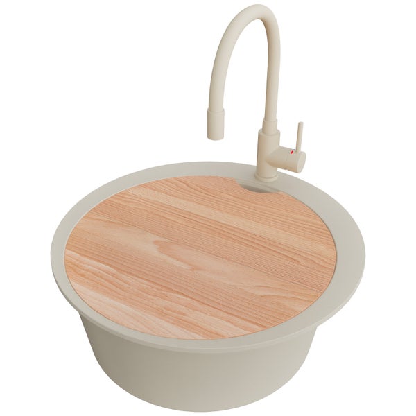 Rundes Waschbecken mit Holzzuschnitt und Wasserhahn