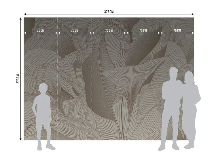 Fototapete mit botanischem Blattmuster, Breite 375 Zentimeter, Höhe 270 Zentimeter, aufgeteilt in fünf 75 Zentimeter breite Bahnen.