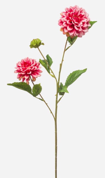 Künstliche Dahlie mit zwei rosa Blüten, einer Knospe und grünen Blättern an einem Stiel.