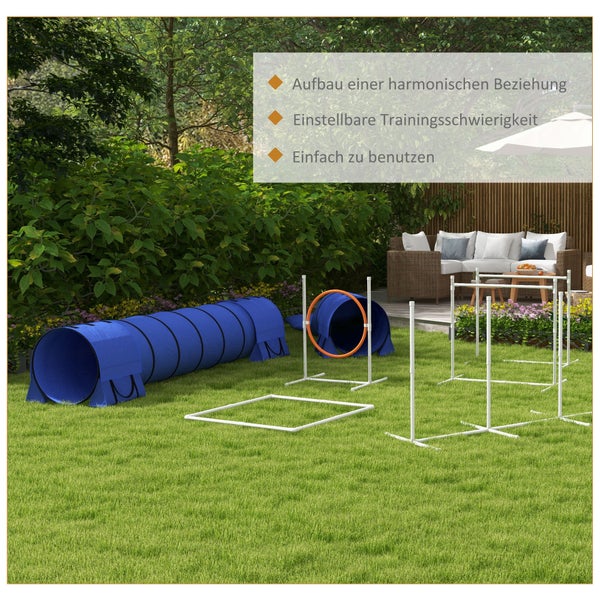PawHut Hunde Agility Set, 7er-Set Hundetraining mit Höhenverstellbaren Agilityhürden, Flechtstangen, Pausenbox, Tunnel, Sprungring, Steckhürdenset inklusive Pfeife, Tragetasche