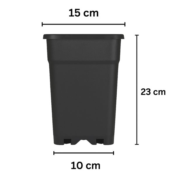 Schwarzer Pflanztopf aus Kunststoff mit Maßen: Breite oben 15 Zentimeter, Breite unten 10 Zentimeter und Höhe 23 Zentimeter.