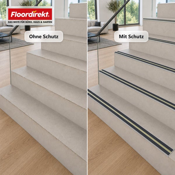 Vergleich einer Treppe ohne und mit rutschfesten Treppenkantenprofilen von Floordirekt Logo zur Vermeidung von Treppenkantenverschleiß