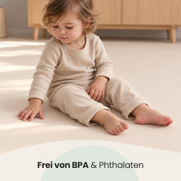 Kleinkind sitzt auf einer hellen Spielmatte, die schadstofffrei und frei von Bisphenol A sowie Phthalaten ist.