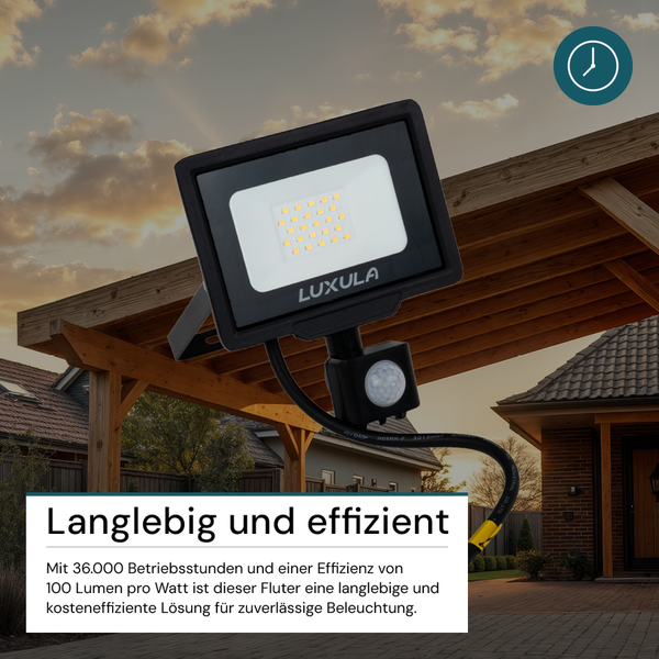 LUXULA LED Außenstrahler mit Bewegungsmelder 20W Strahler 4000K Neutralweiß 2000lm Fluter Schwarz IP65