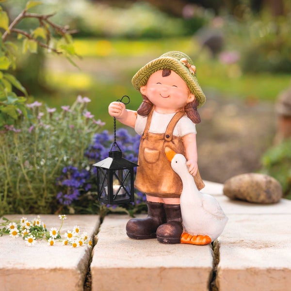 FRANK FLECHTWAREN|Figur Mädchen mit Gans, 23 x 14 x 37 cm, MAGNESIUMOXID, METALL, GLAS