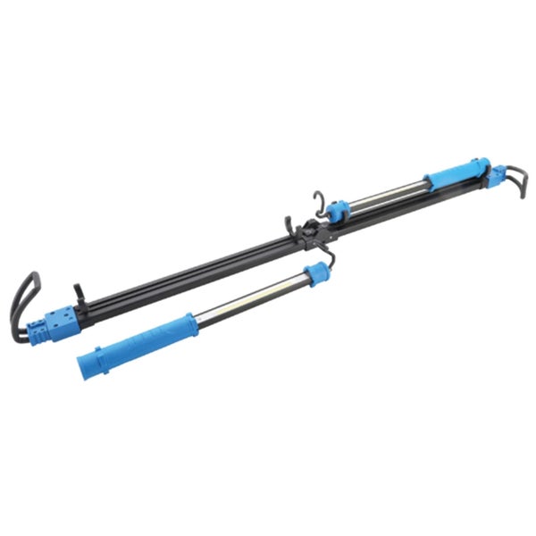 Blaue Teleskop-Motorhaubenleuchte mit zwei abnehmbaren LED-Arbeitsleuchten und schwarzen Haken zur Befestigung.