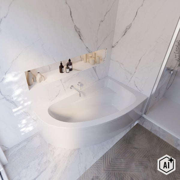 Moderne Badezimmergestaltung mit ovaler Einbaubadewanne, Marmorwandfliesen, integrierter Wandnische und angrenzender Duschkabine.