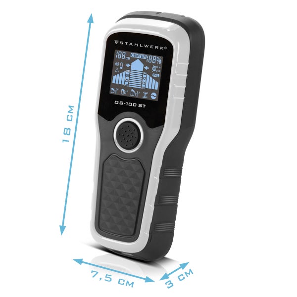 Digitales Ortungsgerät STAHLWERK OG-100 ST mit digitalem Display. Maße: 18 Zentimeter hoch, 7,5 Zentimeter breit und 3 Zentimeter tief.